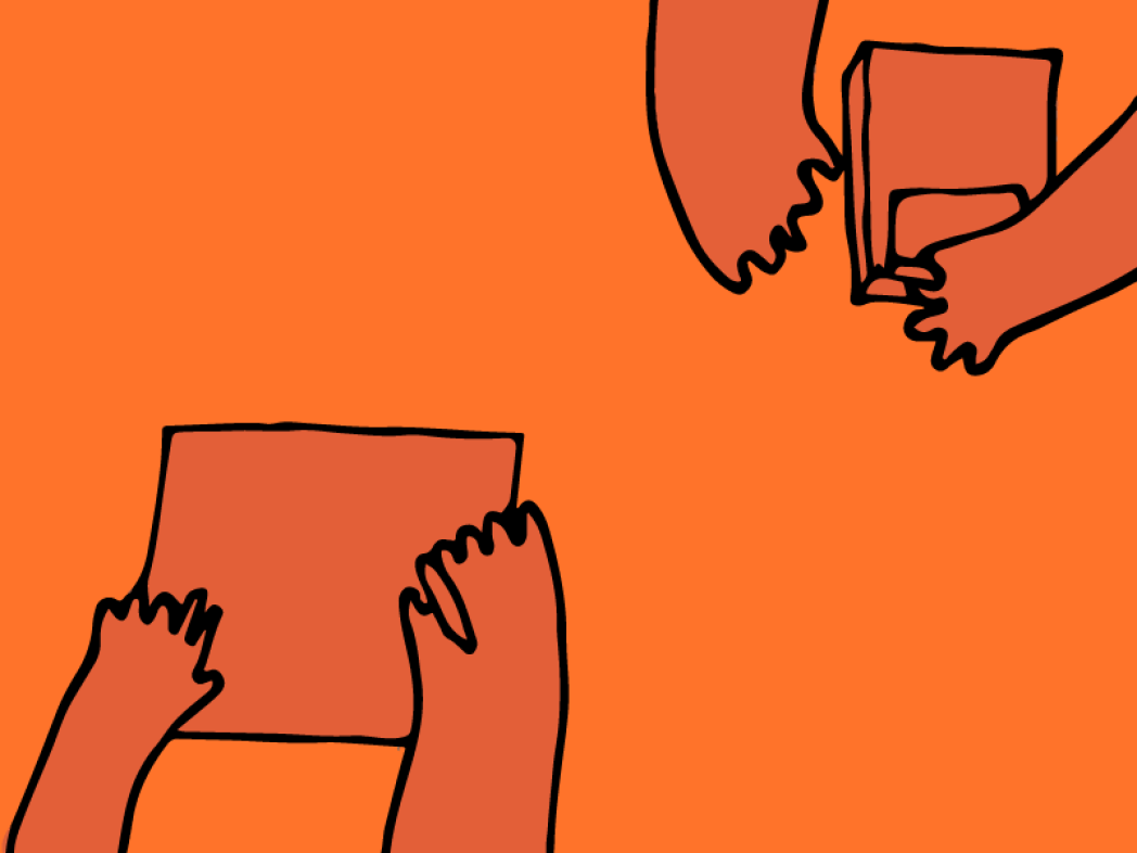 Zeichnung von Händen, die ein Blatt Papier und ein Buch halten