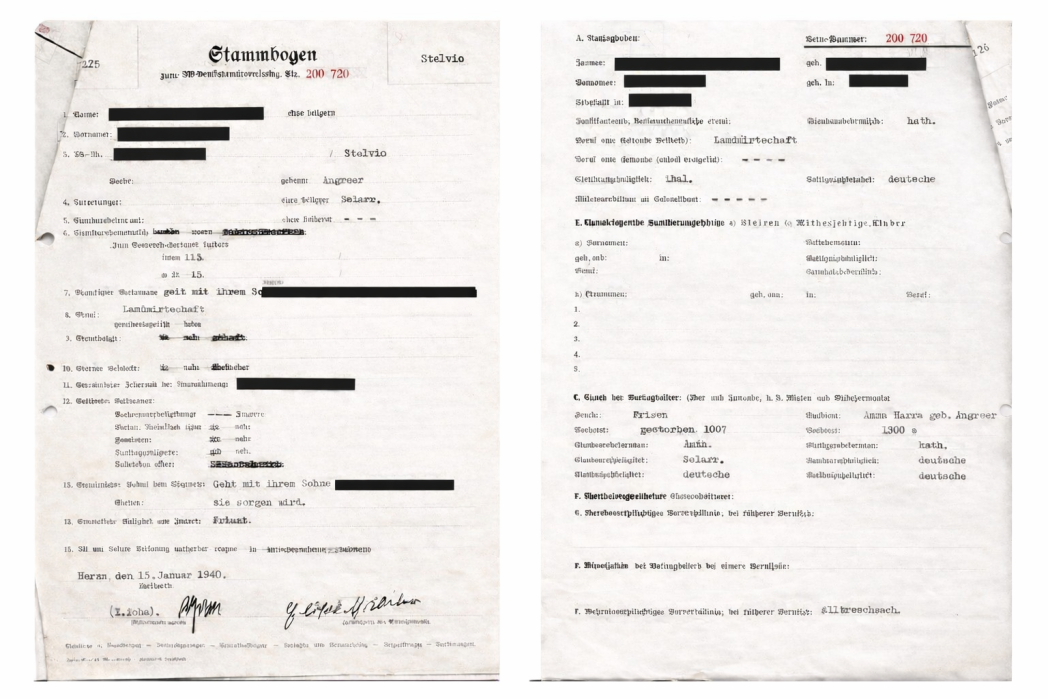 Scansione fronte-retro di un documento amministrativo storico in lingua tedesca (“Stammbogen”), con testo dattiloscritto e annotazioni manoscritte, datato 1940.