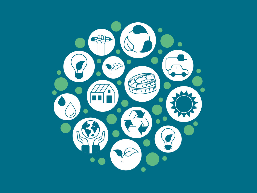 Icons representing sustainability topics such as renewable energy, recycling, green mobility, and environmental protection arranged in a circular cluster.
