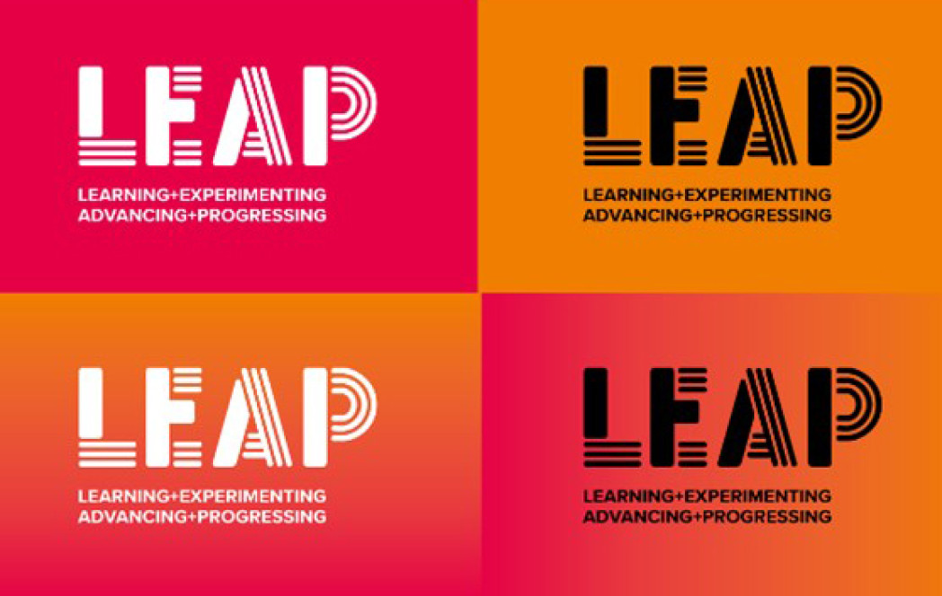 Four colorful logos with the text "LEAP – Learning • Experimenting • Advancing • Progressing".