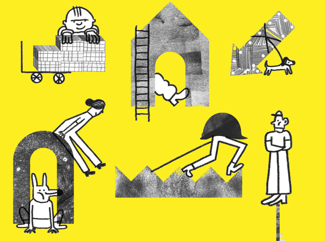 Manifesto: Figure illustrative in forme geometriche su sfondo giallo.