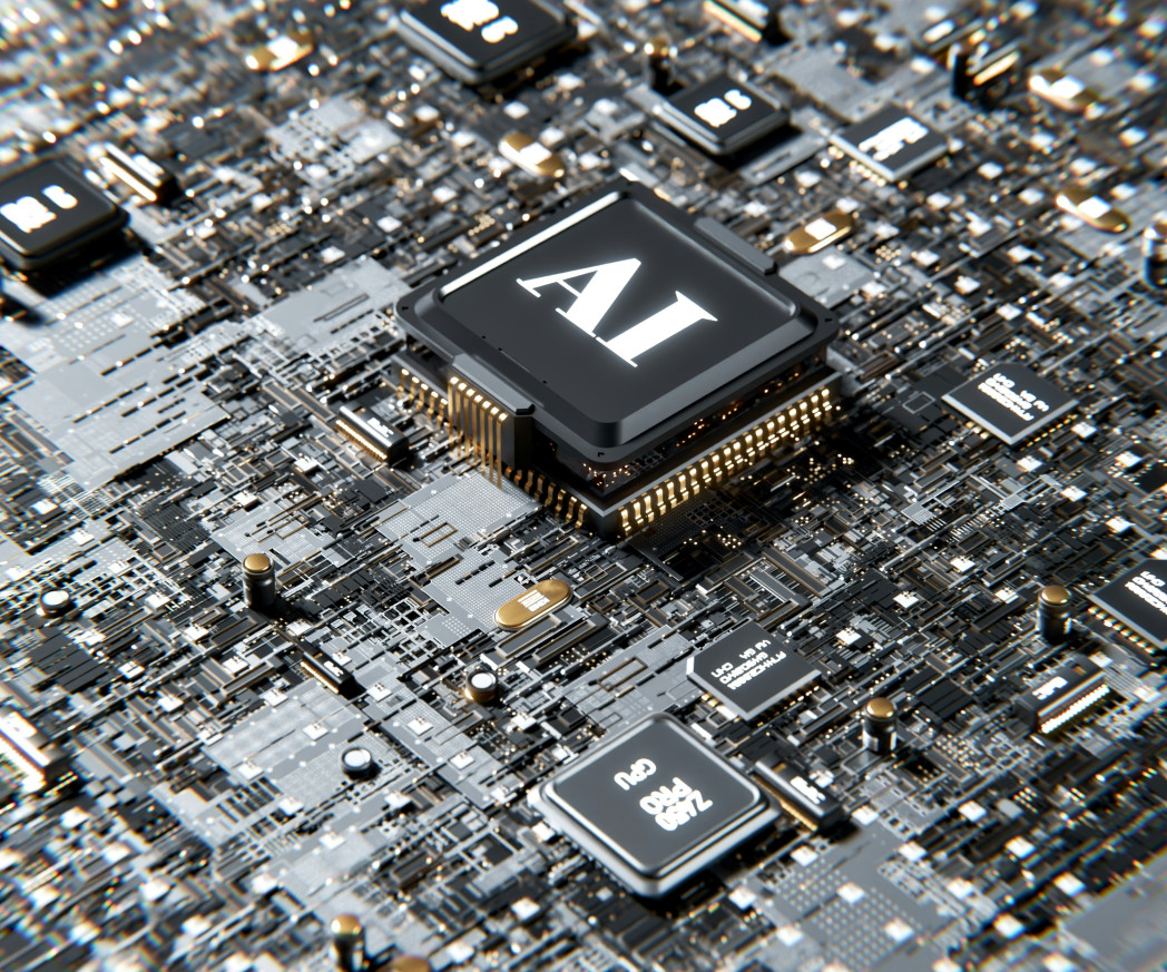A detailed close-up of a high-tech circuit board, with a prominent central processor labeled AI.