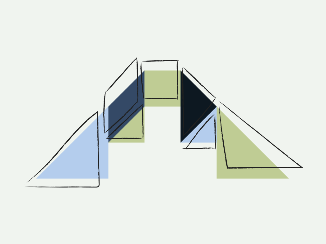 Illustrazione astratta di un ponte instabile composto da forme geometriche nei toni del blu e del verde, che rappresenta percorsi e prospettive differenti nell’ambito della scuola primaria e della giustizia educativa.