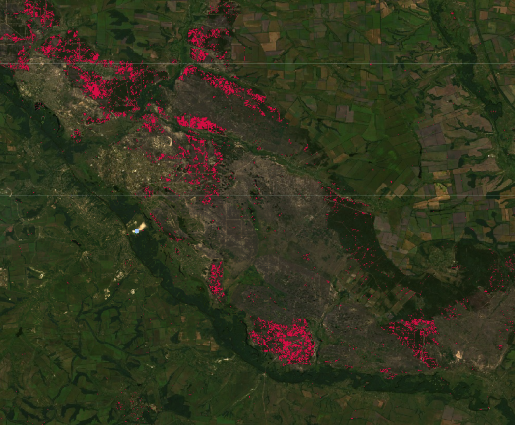 Aree che hanno subito deforestazione, indicate in rosso, in una regione campione in Ucraina. Foto: Global Ecology and Conservation Journal