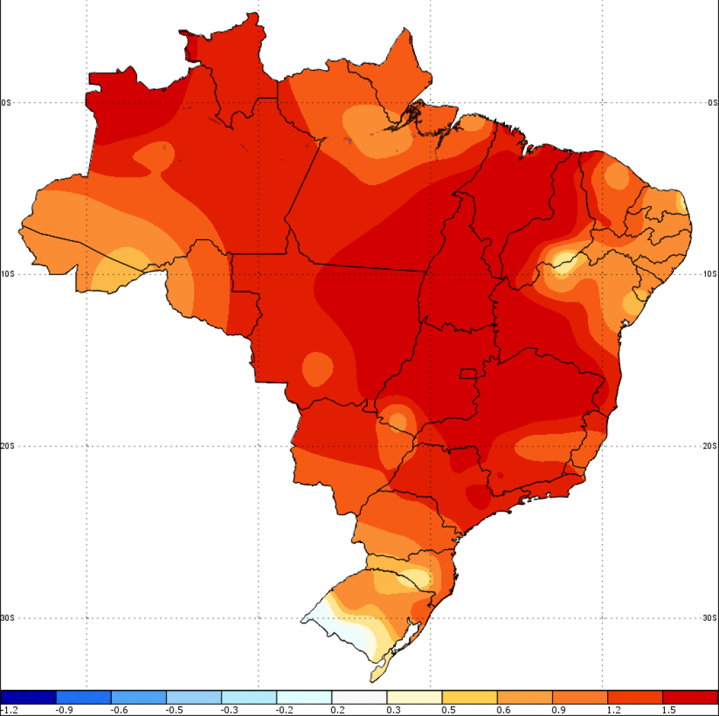 Choropleth map of Brazil with color gradient from orange to dark red indicating varying levels of data intensity across regions