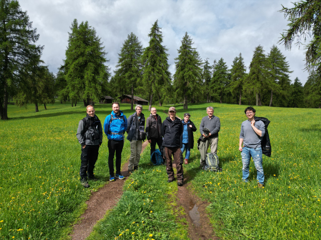 Eine Gruppe von Menschen steht auf einer Wiese 