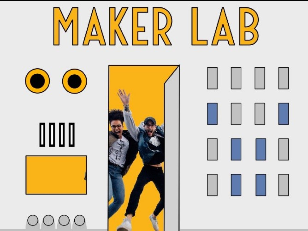 Il Maker Lab si trova nella parte superiore dell'immagine. Al centro c'è una foto di due adolescenti che saltano in aria all'interno di una porta disegnata. A sinistra e a destra della porta disegnata sono disegnati cerchi e rettangoli.